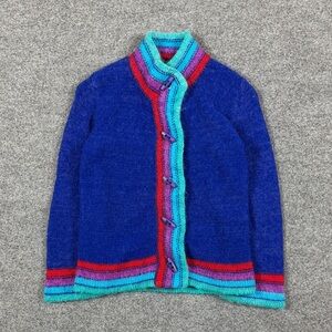 VTG Blue High Neck Wool Blend Cardigan Sweater Toggle Button Multi Colored Trim